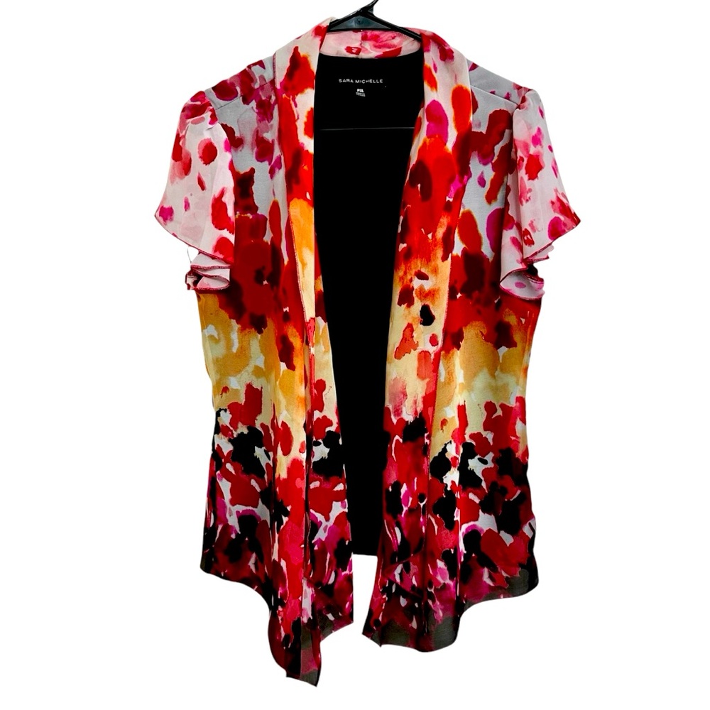 Sara Michelle Black Red Floral Waterfall Top Blouse Business Casual Petite XL